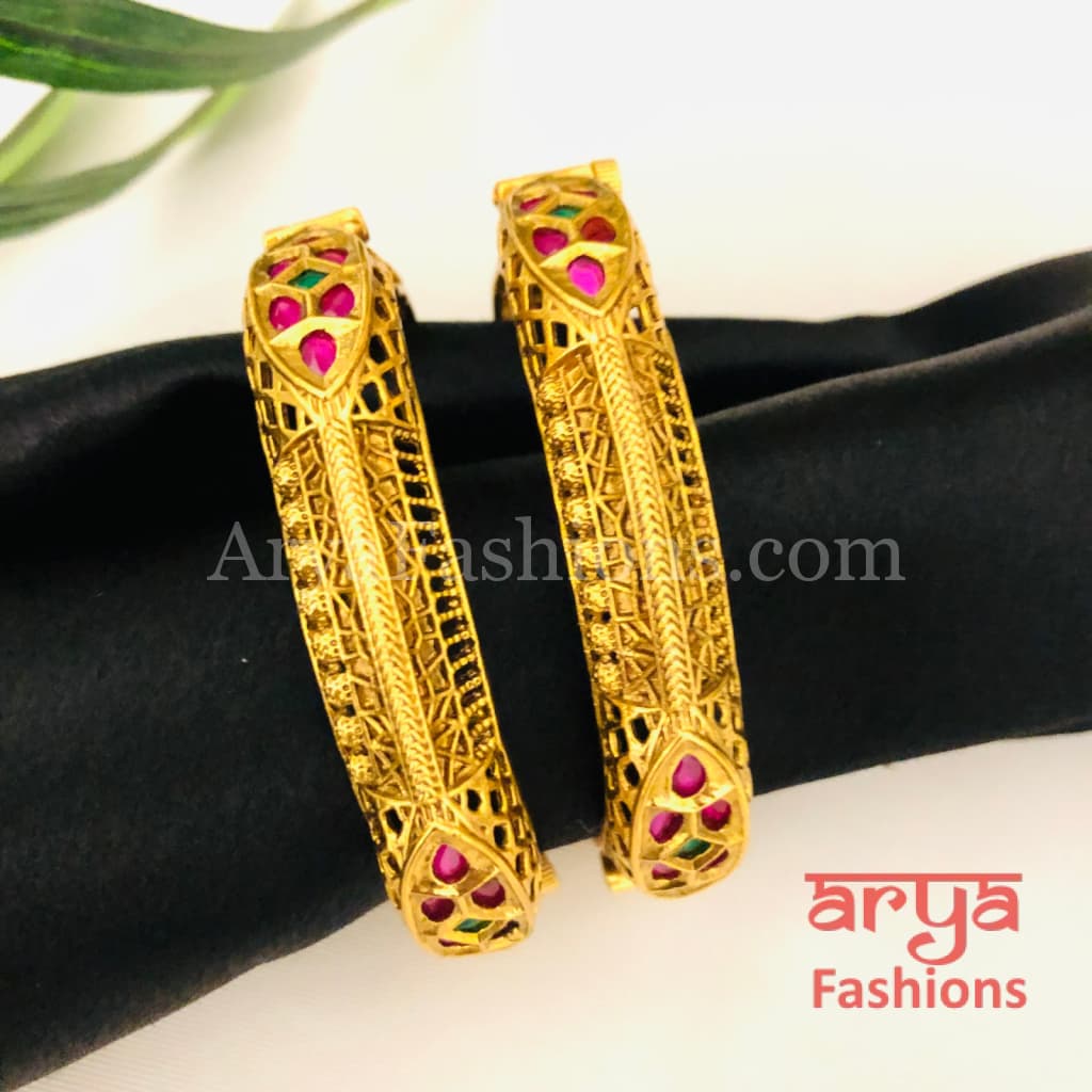 Ruby Kundan Kada with Emerald stones Pair of 2 Bangles