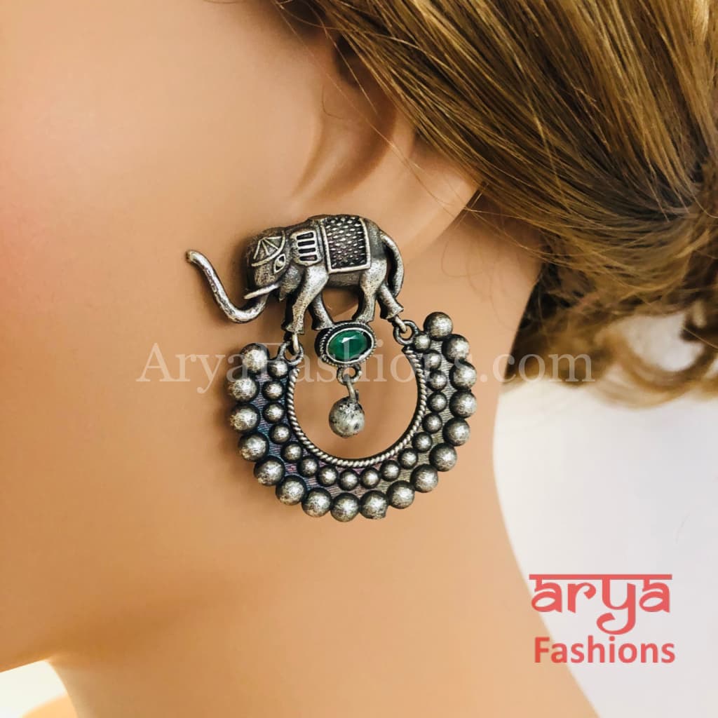 Silver Oxidized Elephant Chandbali Earrings