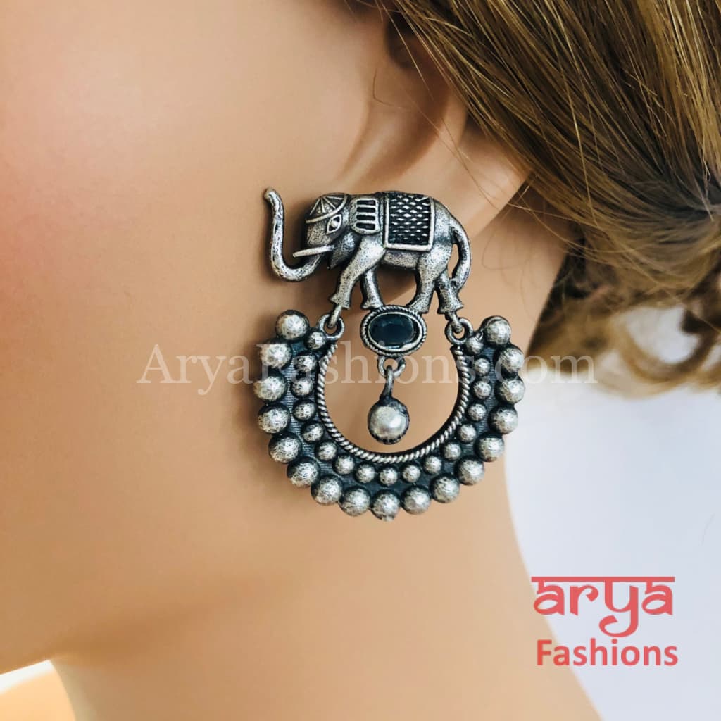 Silver Oxidized Elephant Chandbali Earrings