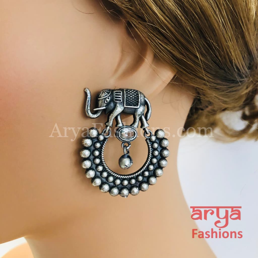 Silver Oxidized Elephant Chandbali Earrings