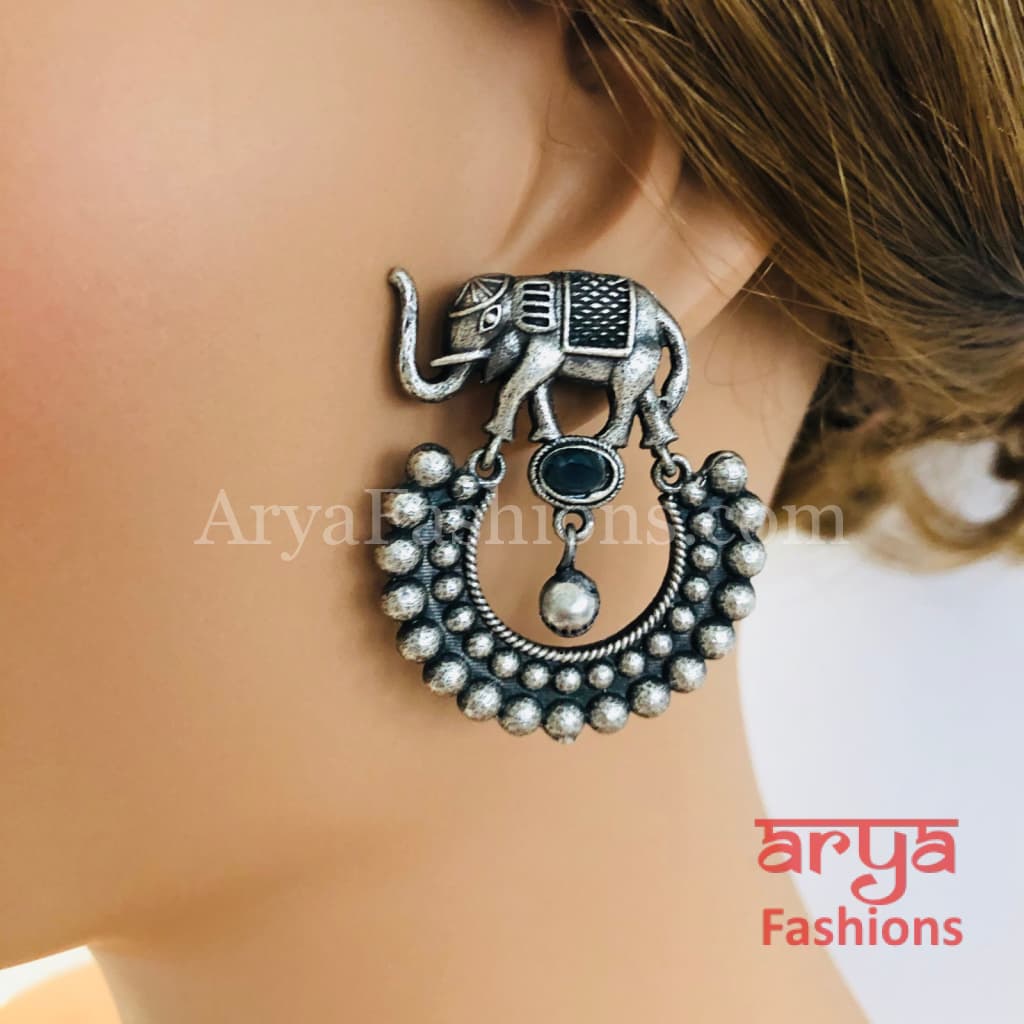 Silver Oxidized Elephant Chandbali Earrings