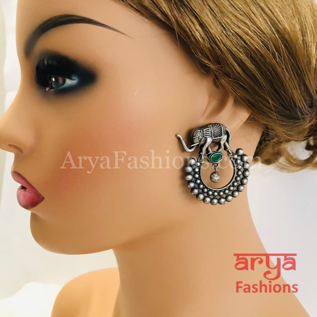 Silver Oxidized Elephant Chandbali Earrings