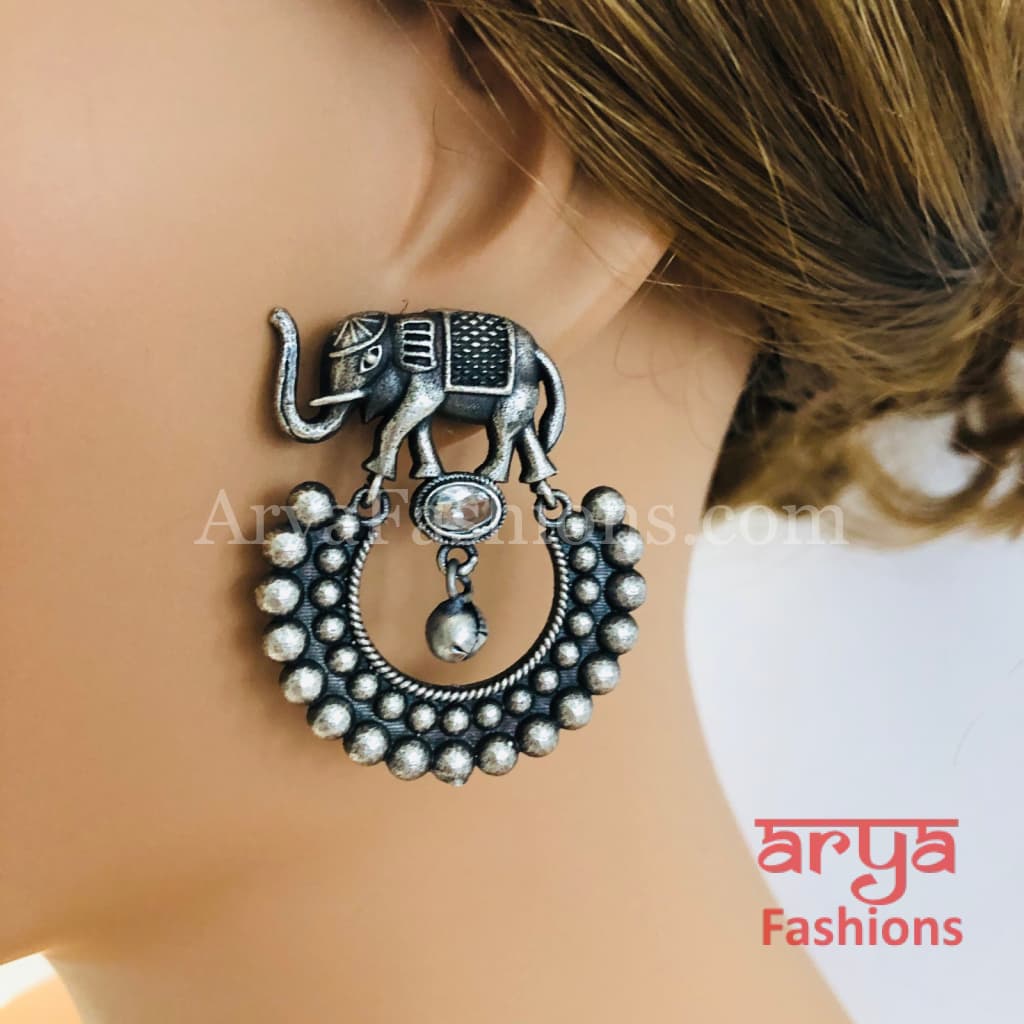Silver Oxidized Elephant Chandbali Earrings