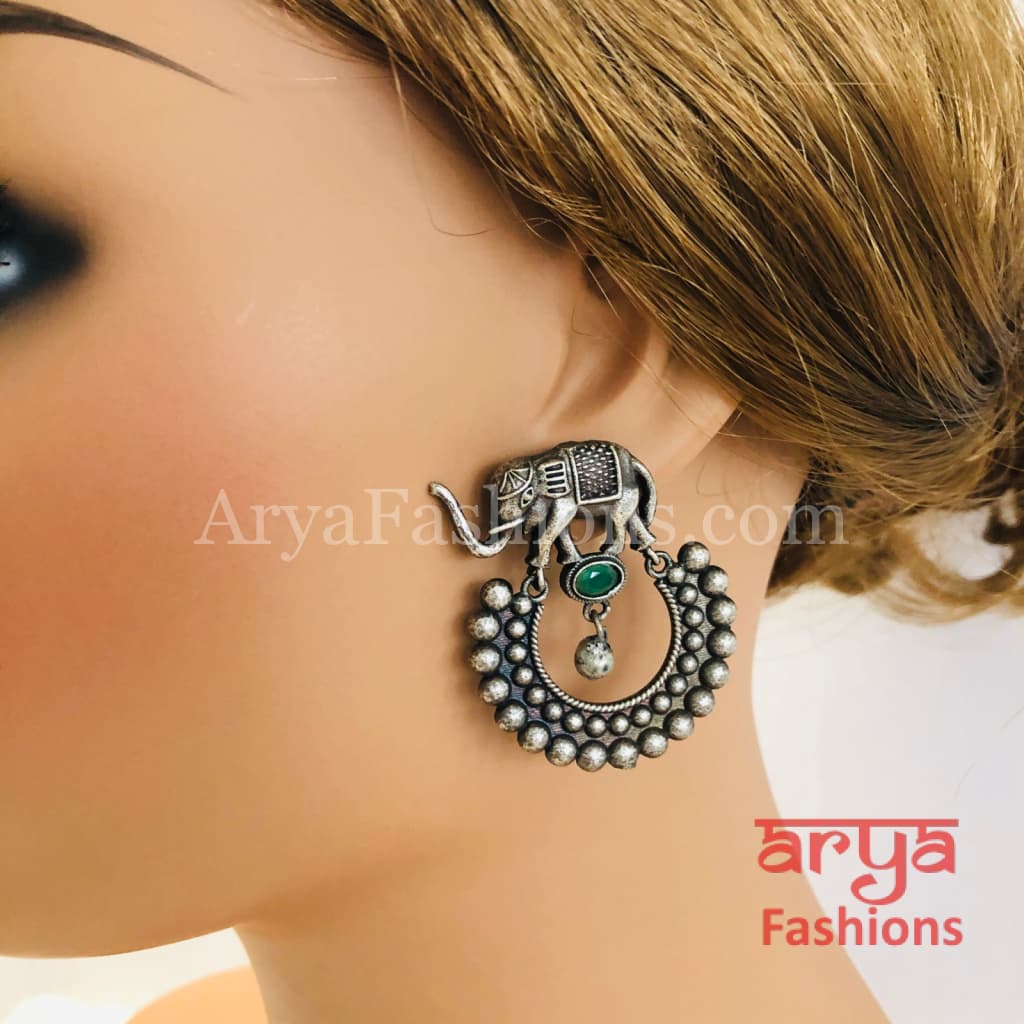 Silver Oxidized Elephant Chandbali Earrings