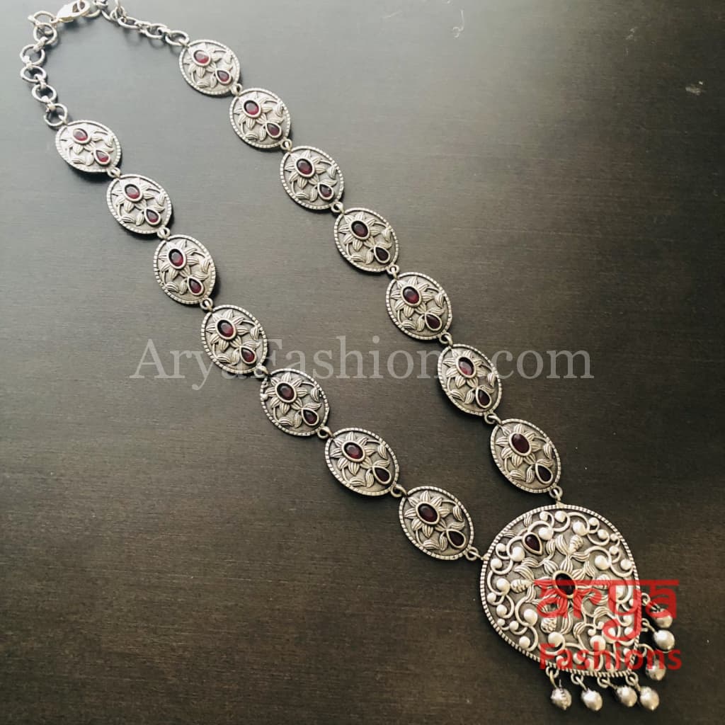 Silver Oxidized Long Tribal Necklace with Red Stones and beads