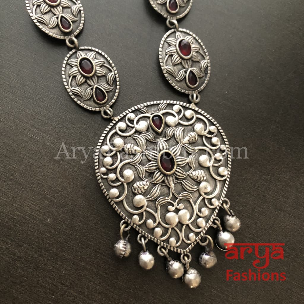 Silver Oxidized Long Tribal Necklace with Red Stones and beads