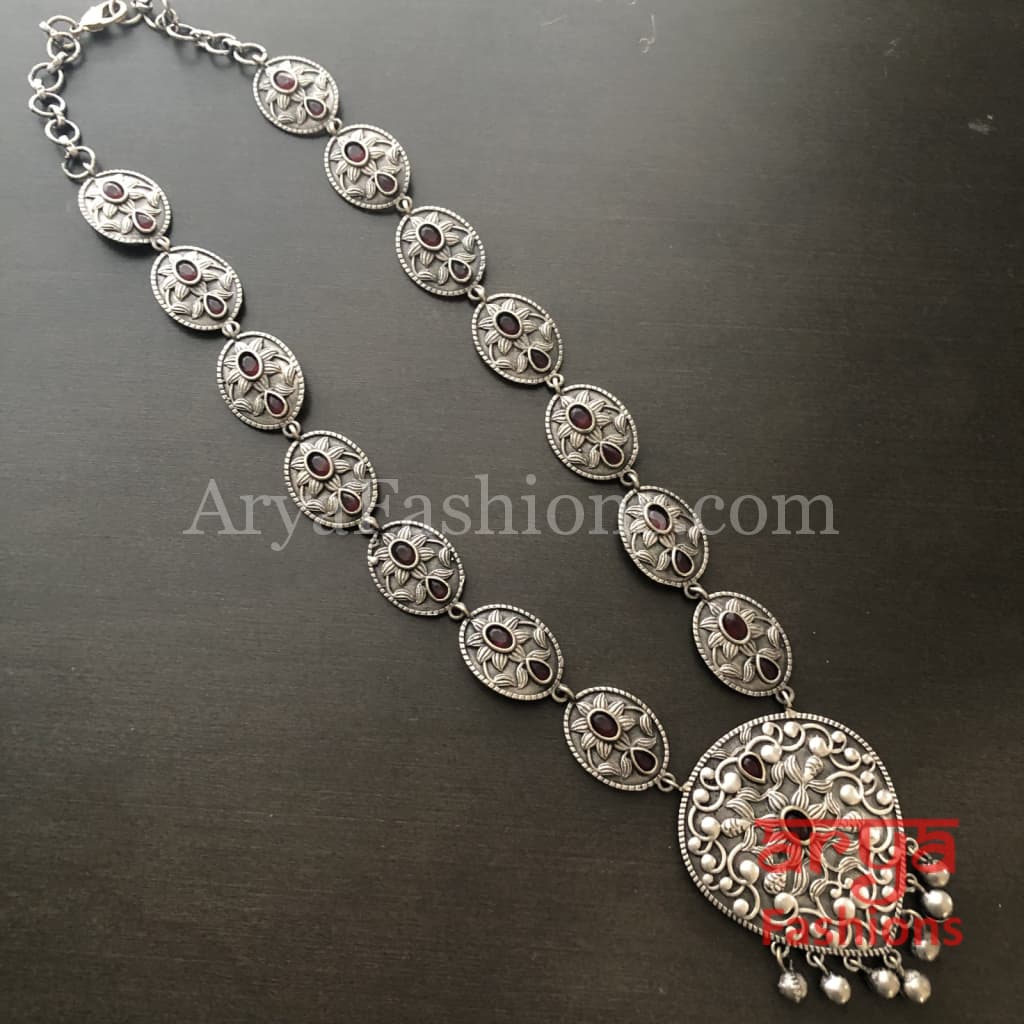 Silver Oxidized Long Tribal Necklace with Red Stones and beads