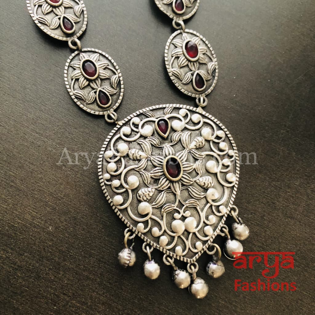 Silver Oxidized Long Tribal Necklace with Red Stones and beads