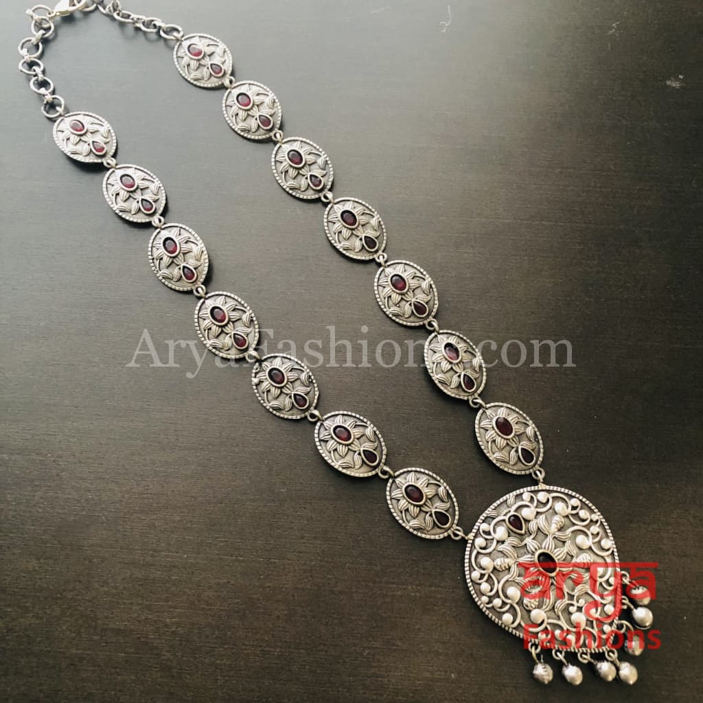 Silver Oxidized Long Tribal Necklace with Red Stones and beads