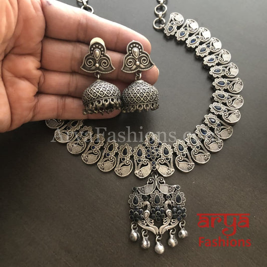 Silver Oxidized Tribal Bib Necklace with beads
