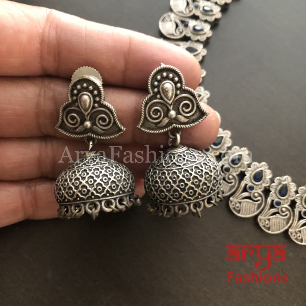 Silver Oxidized Tribal Bib Necklace with beads