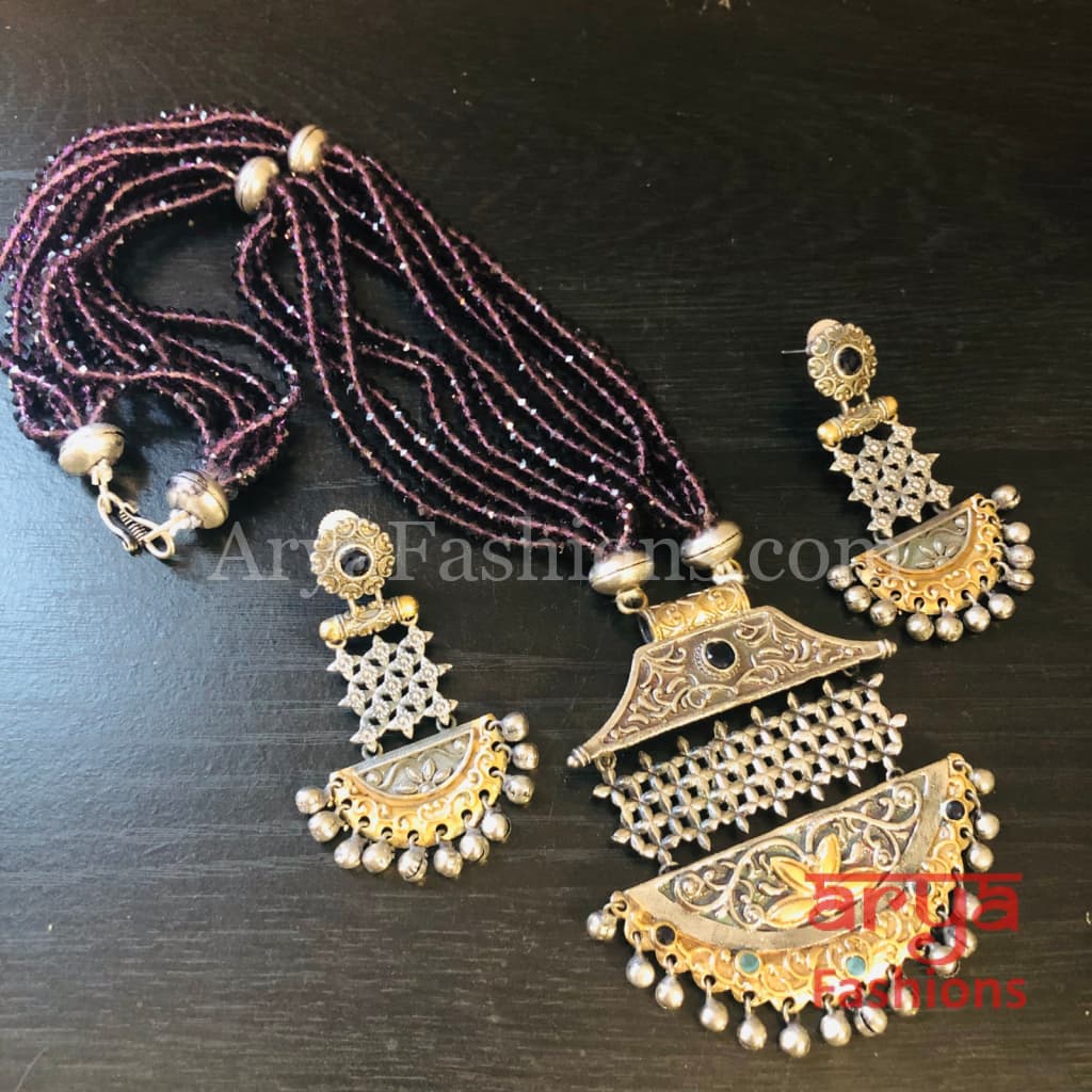 Sona Dual Tone Oxidized Silver Long Beads Necklace