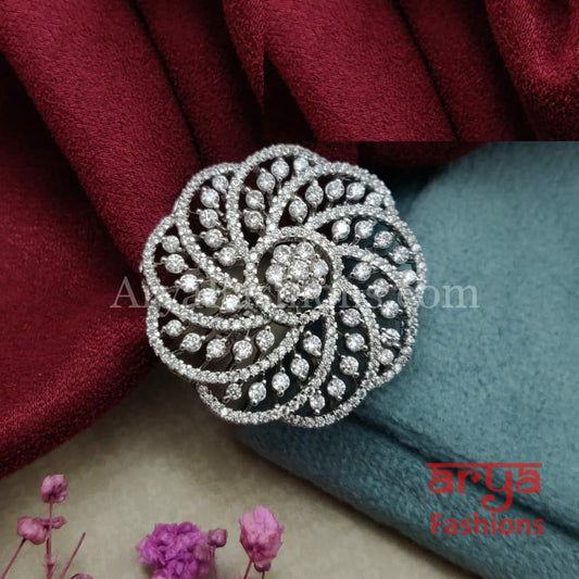 Spiral Design Cubic Zirconia Cocktail Ring in Silver and Gold