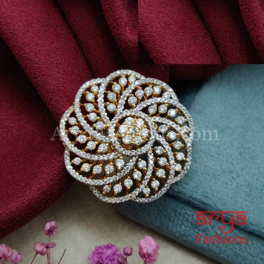 Spiral Design Cubic Zirconia Cocktail Ring in Silver and Gold