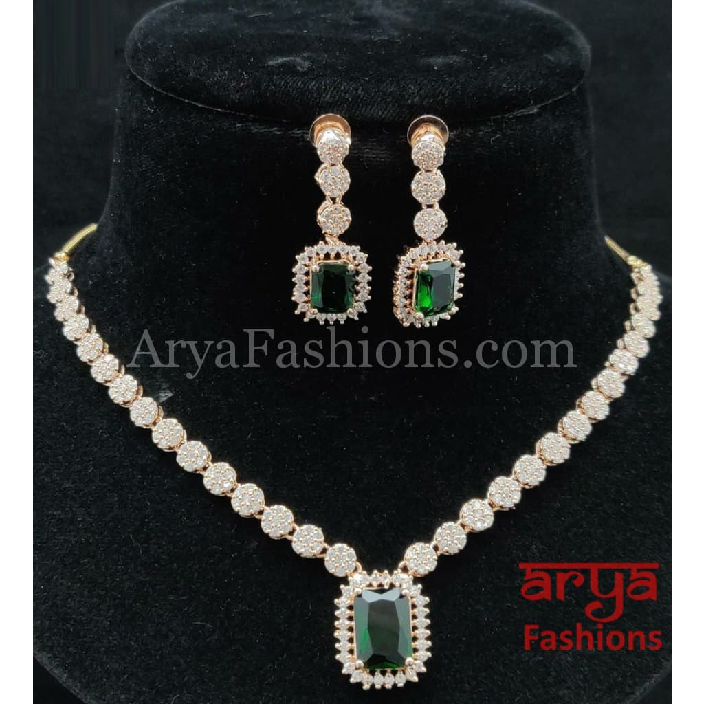 Suyesha Emerald Green CZ Necklace with Long Earrings