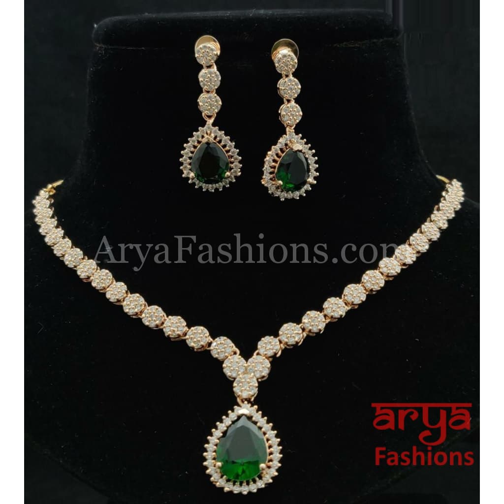 Suyesha Emerald Green CZ Necklace with Long Earrings