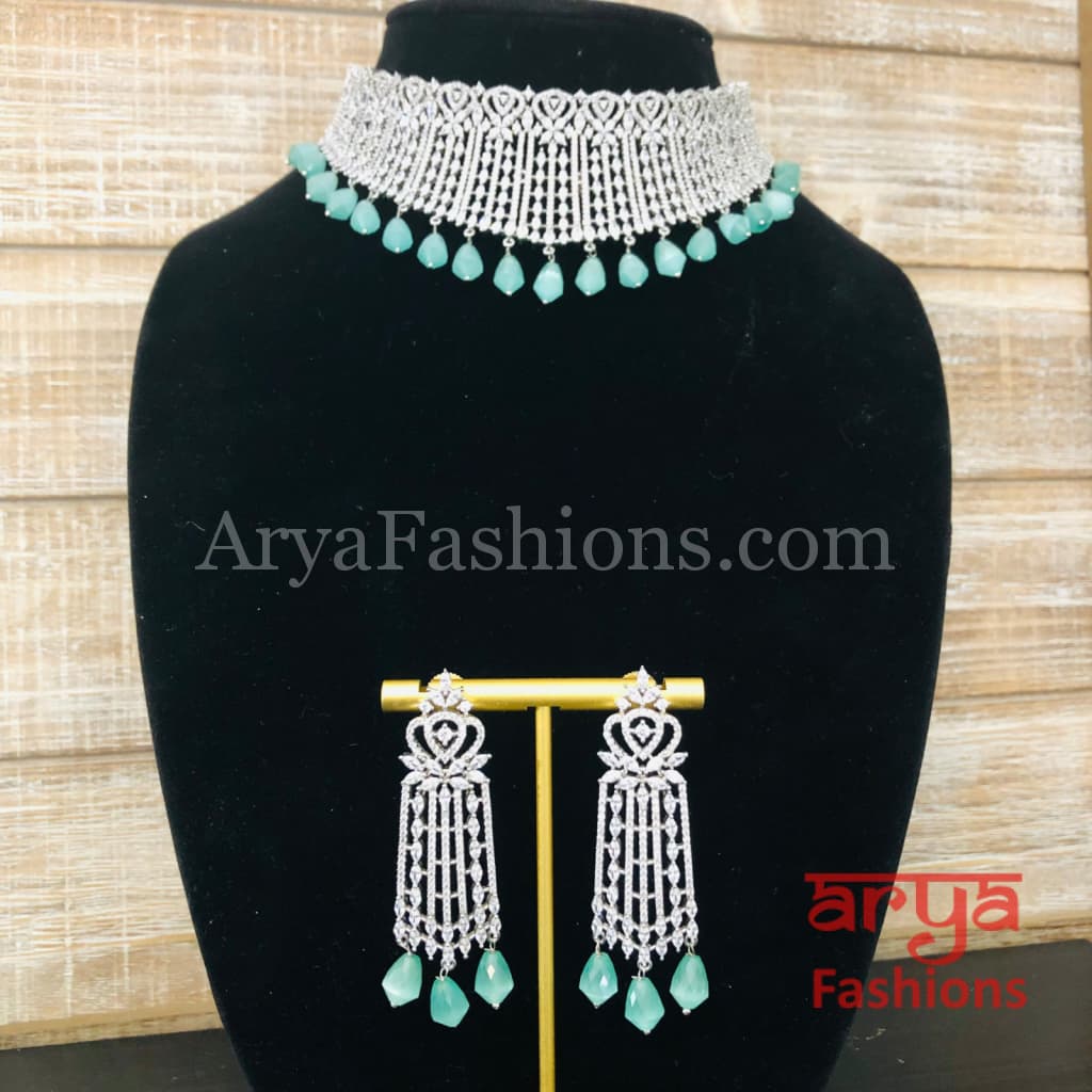 Tara Mint Green CZ Choker/ Silver Cubic Zirconia Emerald Beads Bridal Necklace