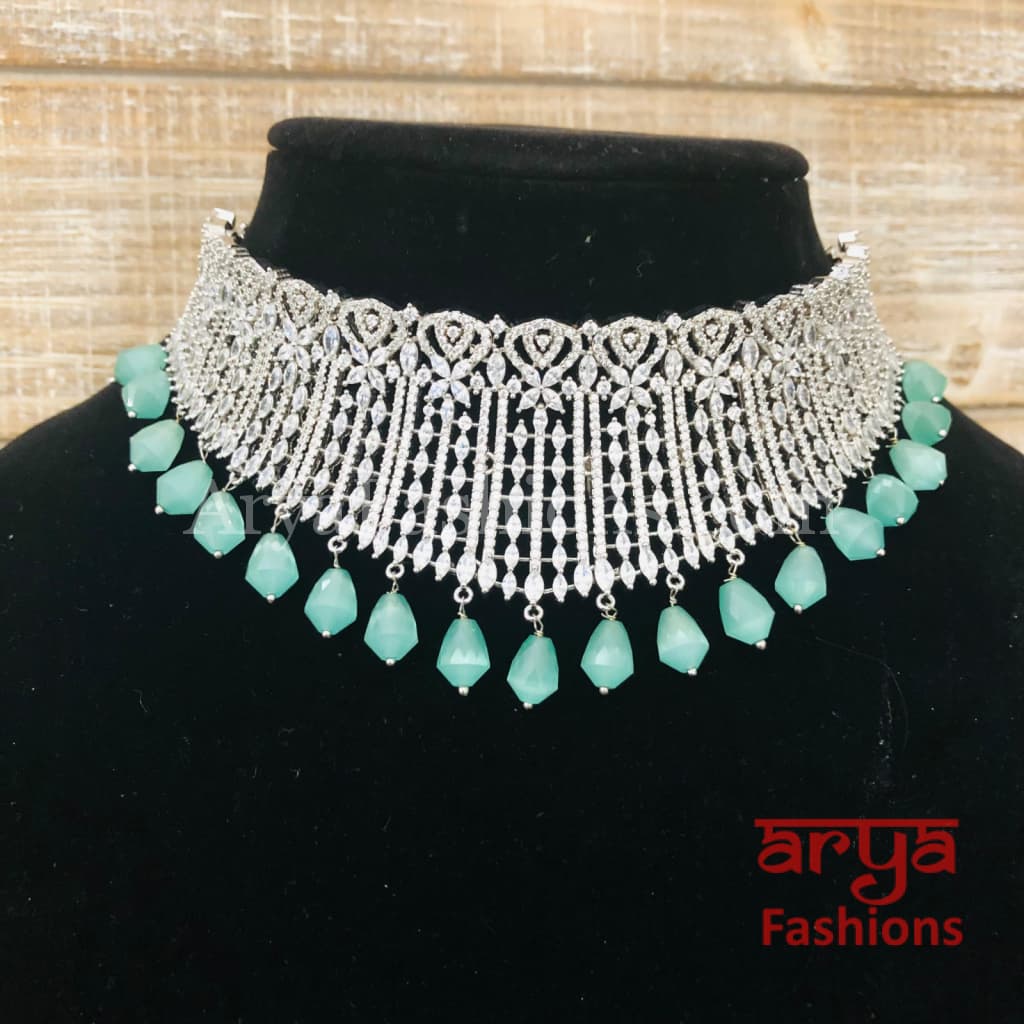 Tara Mint Green CZ Choker/ Silver Cubic Zirconia Emerald Beads Bridal Necklace