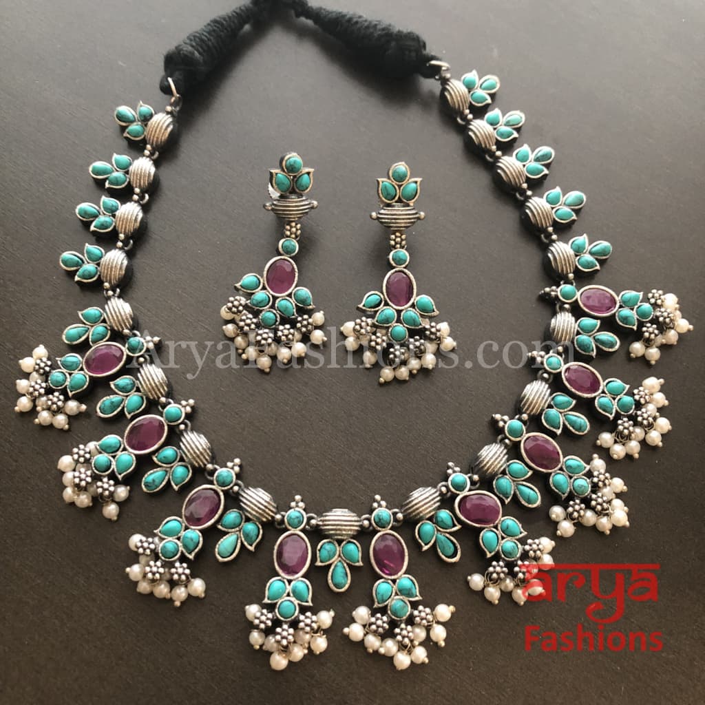 Turquoise Oxidized Tribal Bib Necklace with Pearl beads
