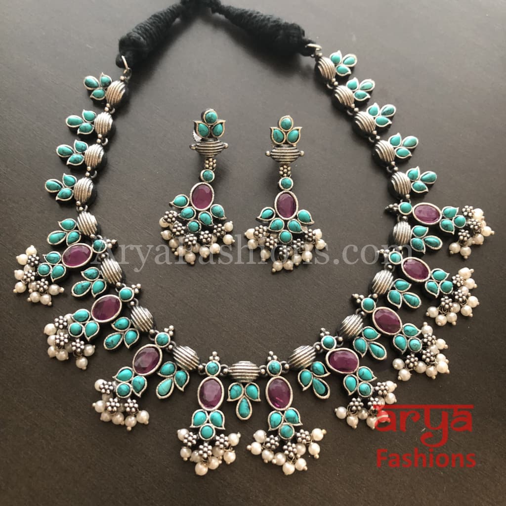 Turquoise Oxidized Tribal Bib Necklace with Pearl beads