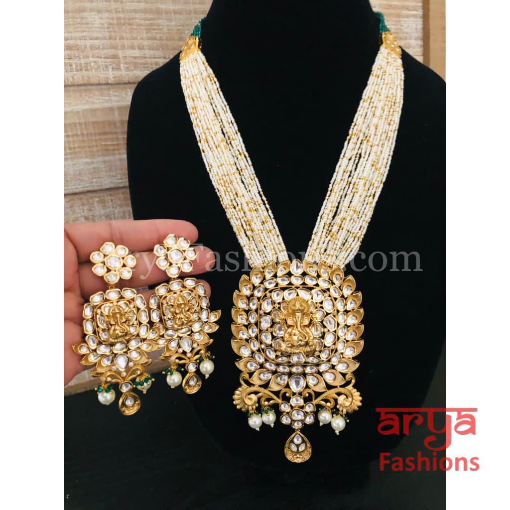 Vani Designer Ganpati Long Kundan Necklace/ Ganesha Pearl Necklace