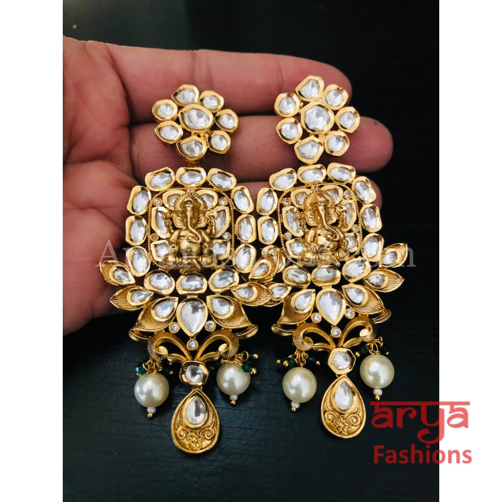 Vani Designer Ganpati Long Kundan Necklace/ Ganesha Pearl Necklace