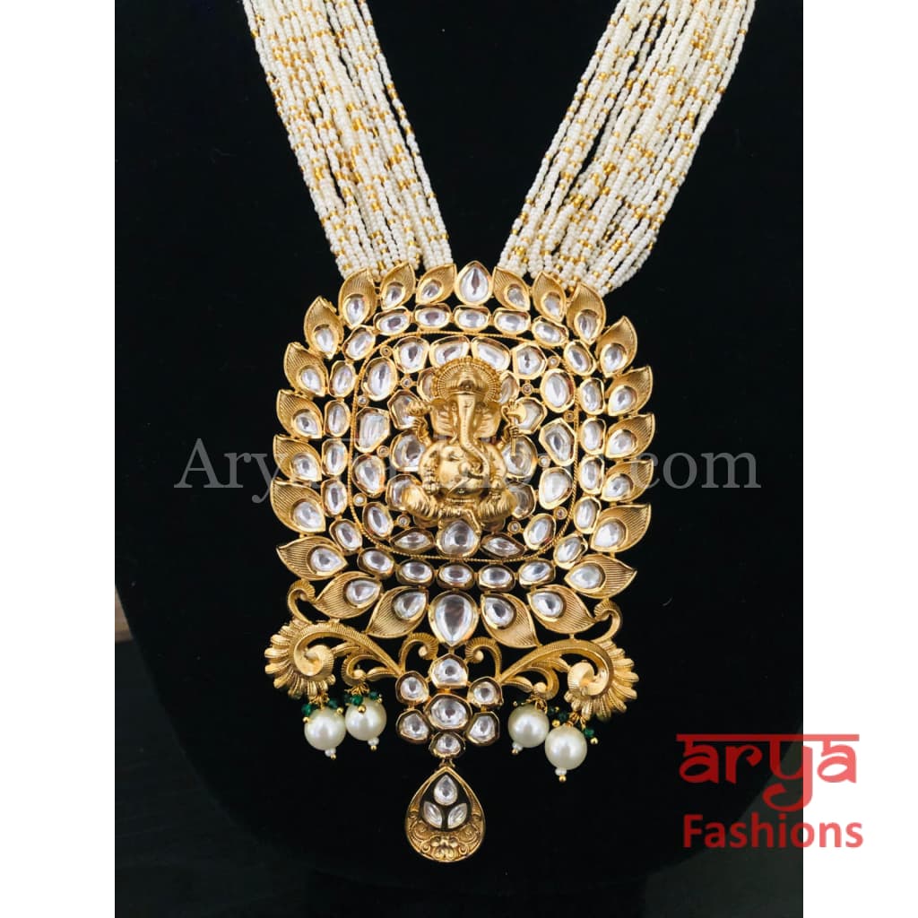 Vani Designer Ganpati Long Kundan Necklace/ Ganesha Pearl Necklace