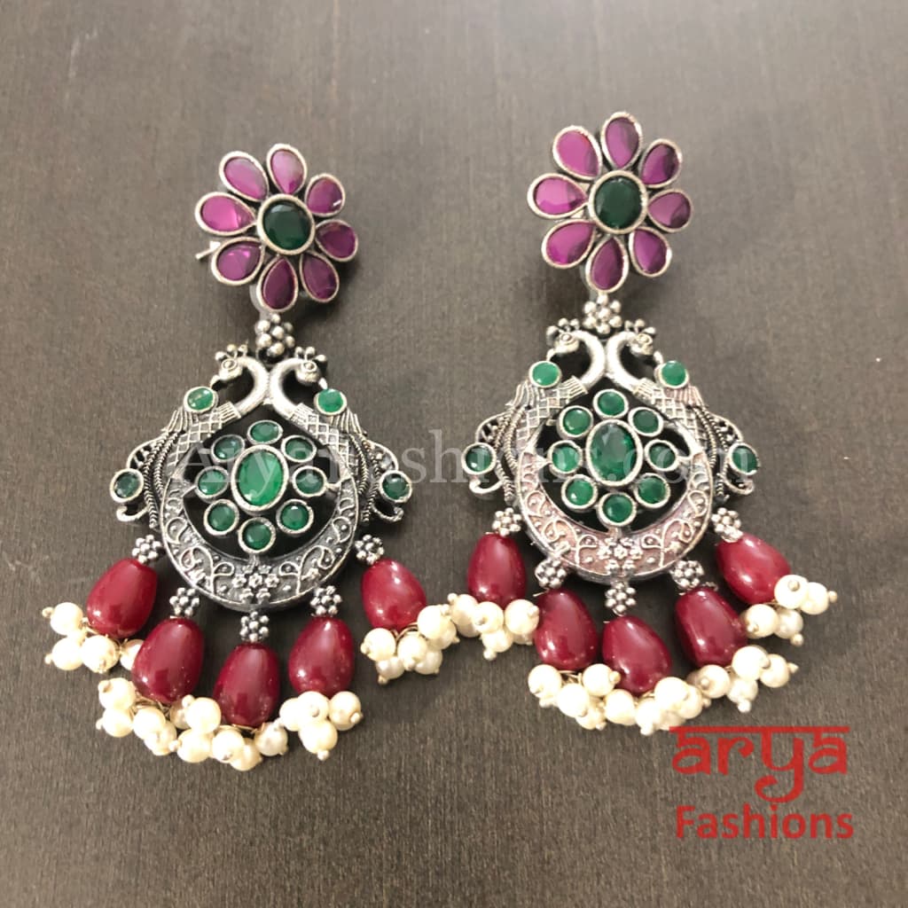 Zeba Colored Beads Chandbali Earrings/Oxidized Silver Earrings with stones