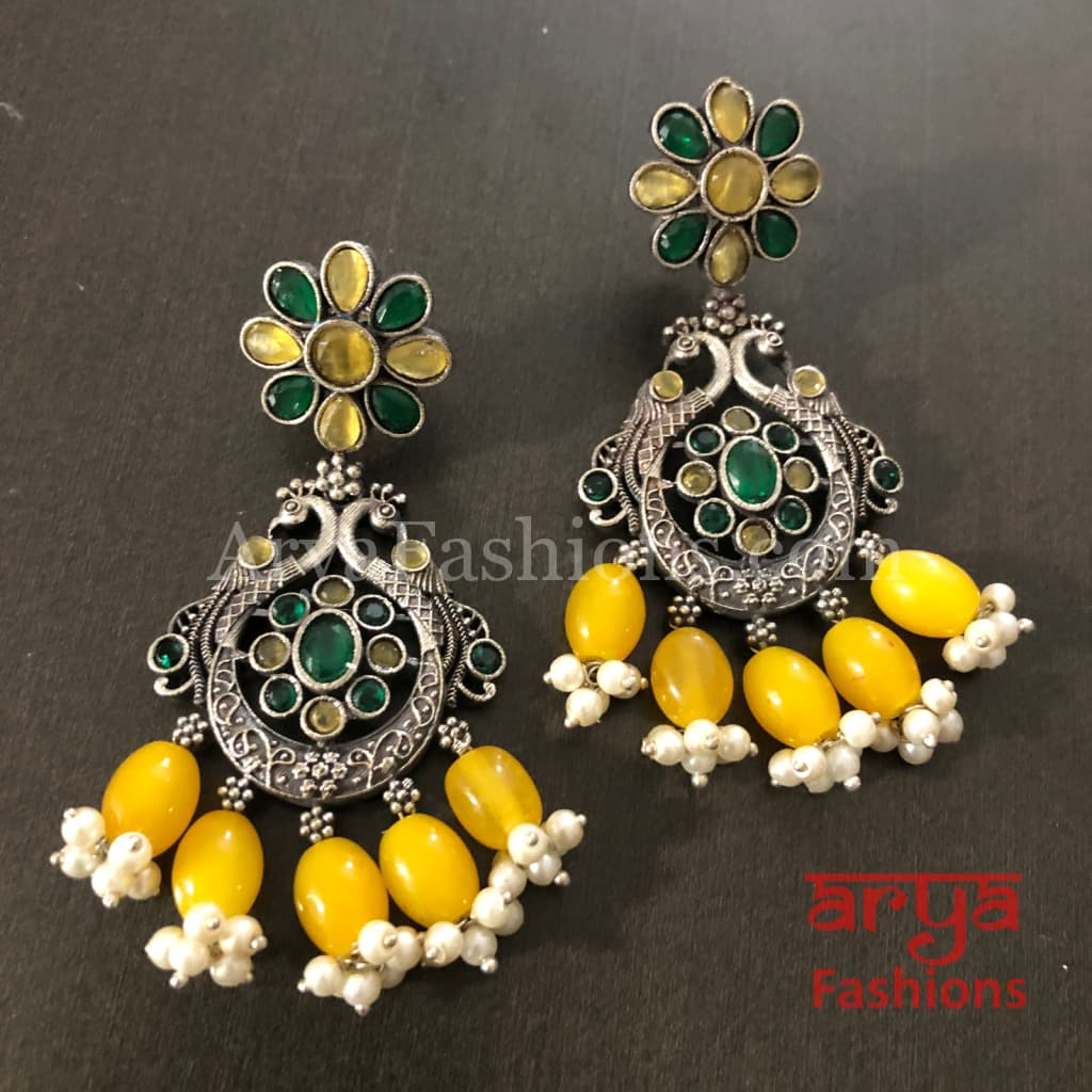 Zeba Colored Beads Chandbali Earrings/Oxidized Silver Earrings with stones