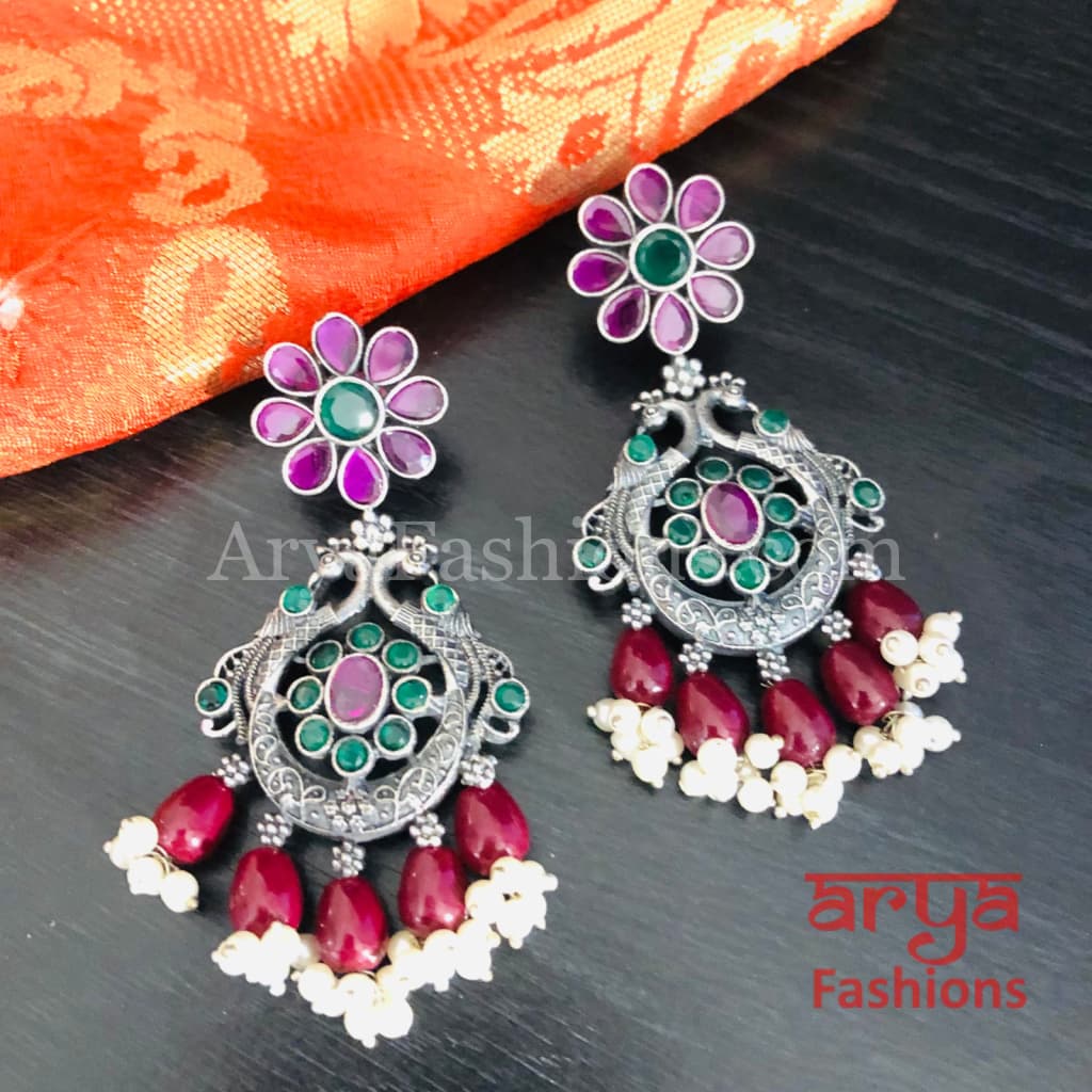 Zeba Colored Beads Chandbali Earrings/Oxidized Silver Earrings with stones