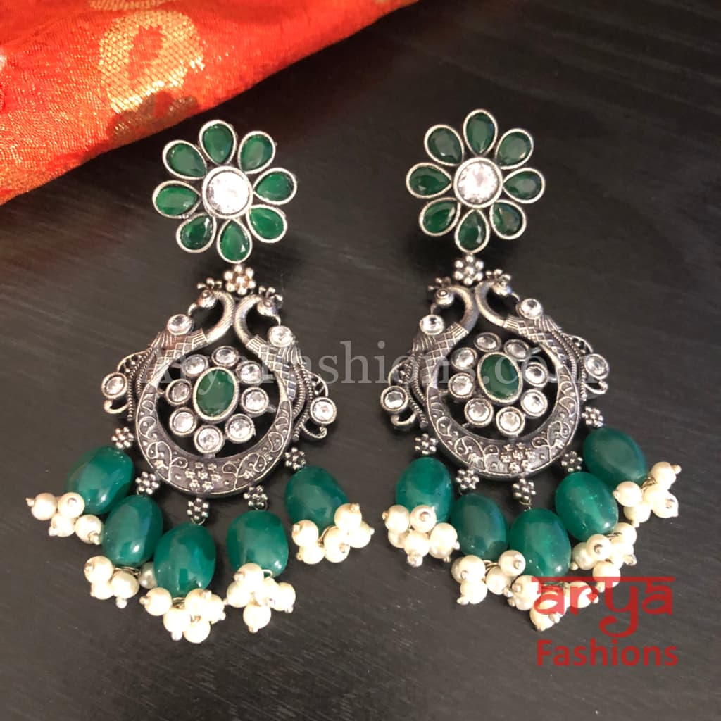 Zeba Colored Beads Chandbali Earrings/Oxidized Silver Earrings with stones
