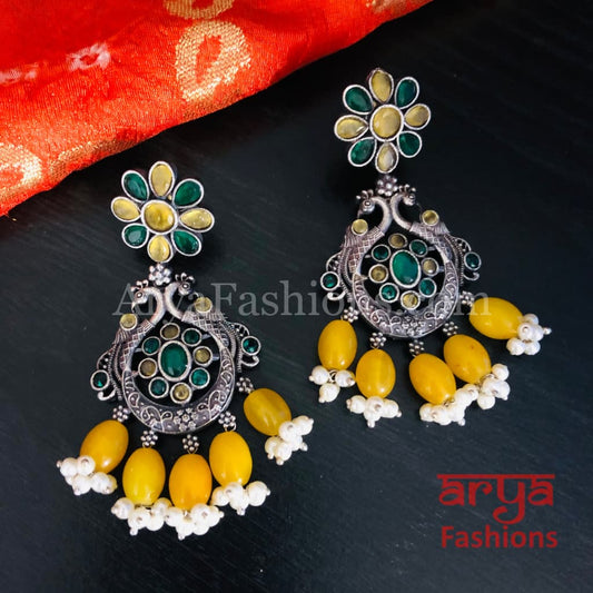 Zeba Colored Beads Chandbali Earrings/Oxidized Silver Earrings with stones