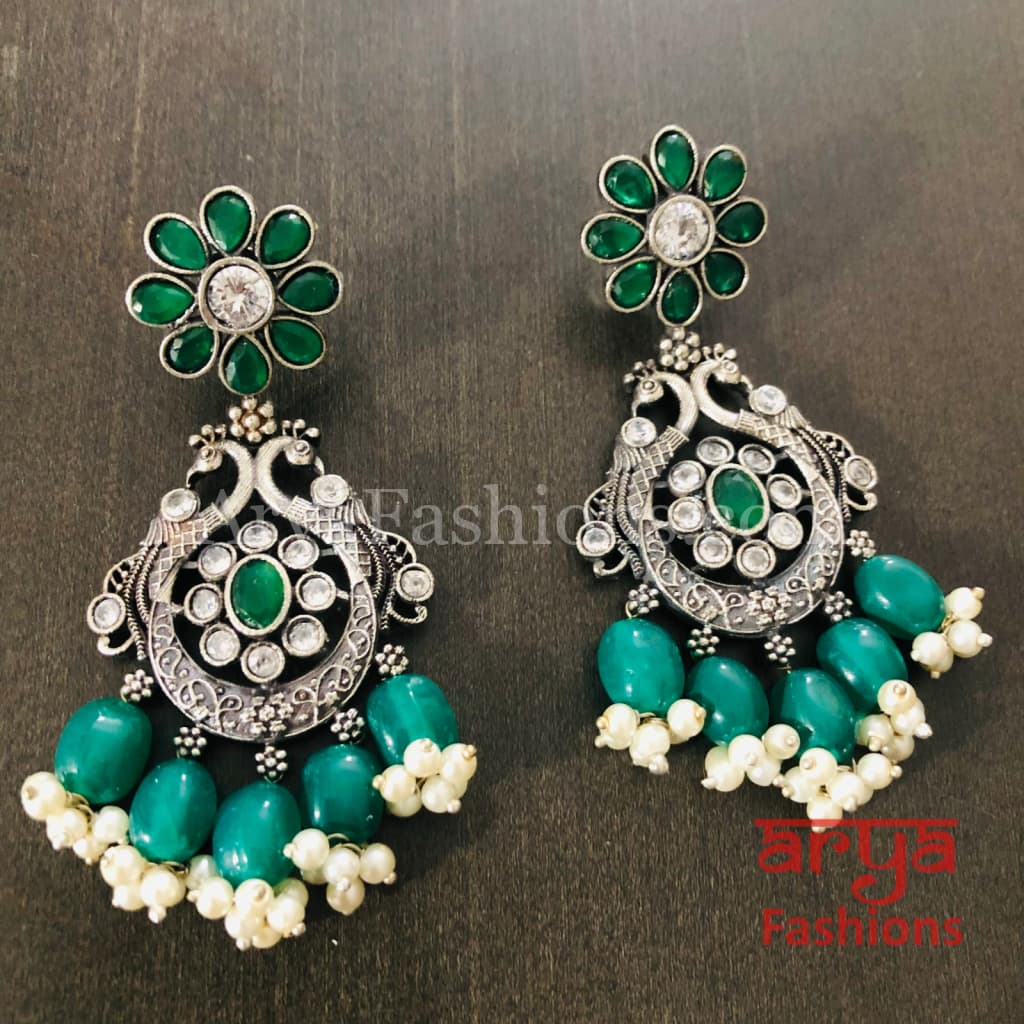 Zeba Colored Beads Chandbali Earrings/Oxidized Silver Earrings with stones