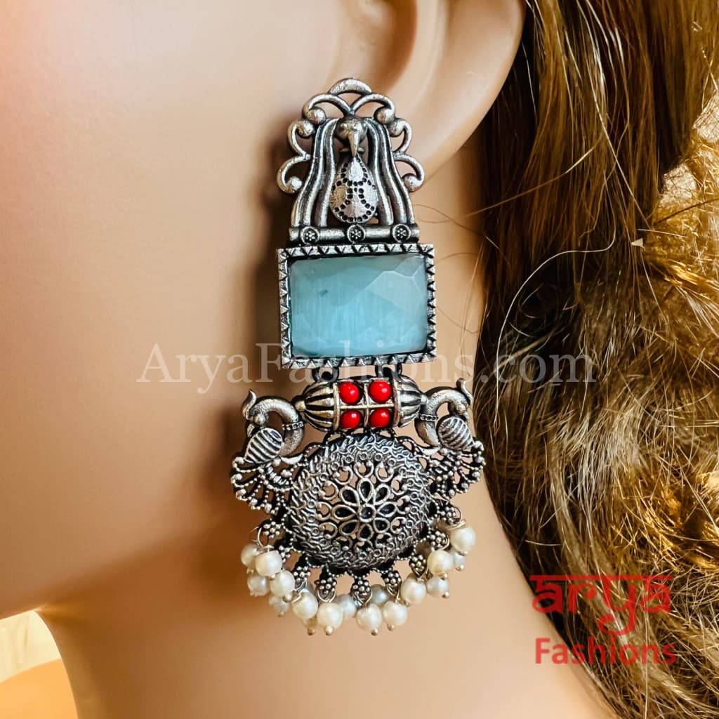 Zeba Colored Stone Ethnic Oxidized Earrings