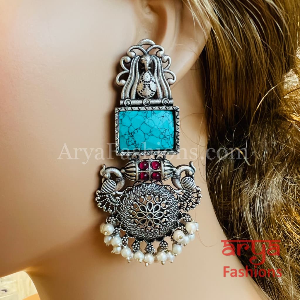 Zeba Colored Stone Ethnic Oxidized Earrings