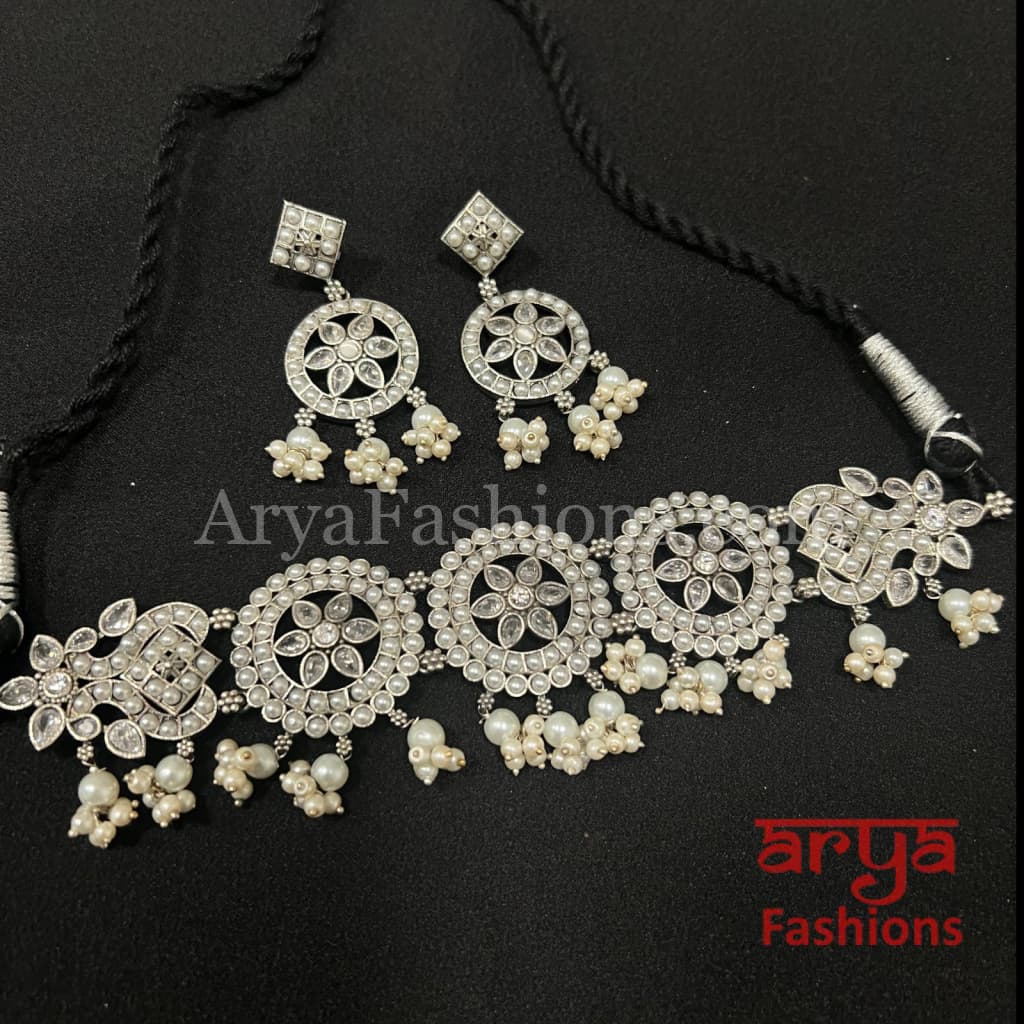 Zeba Designer Oxidized Tribal Choker Necklace with Multicolor Stones