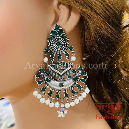 Zeba Handcarved Silver Oxidized Pearl Chandbali