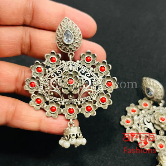 Zeba Handcarved Silver Oxidized Pearl Chandbali