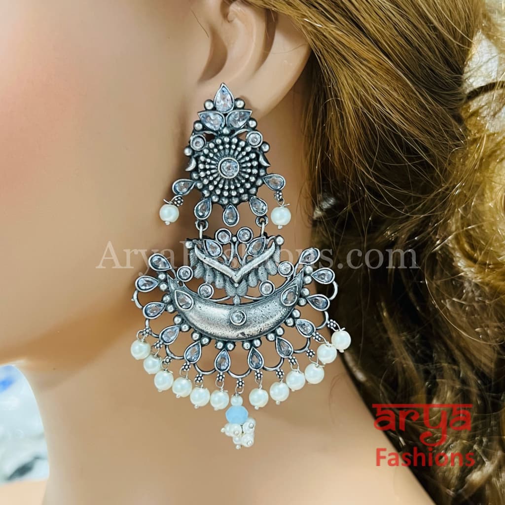 Zeba Handcarved Silver Oxidized Pearl Chandbali