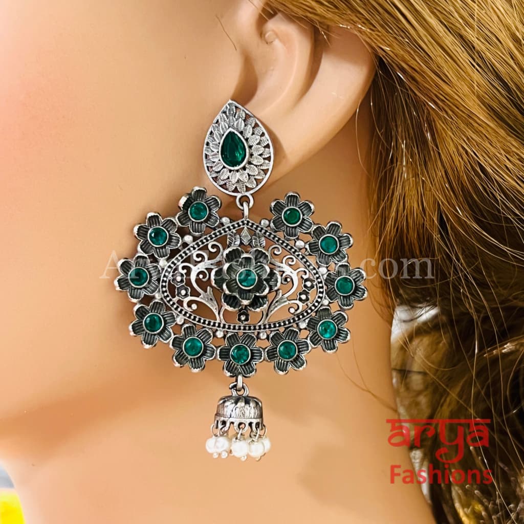 Zeba Handcarved Silver Oxidized Pearl Chandbali