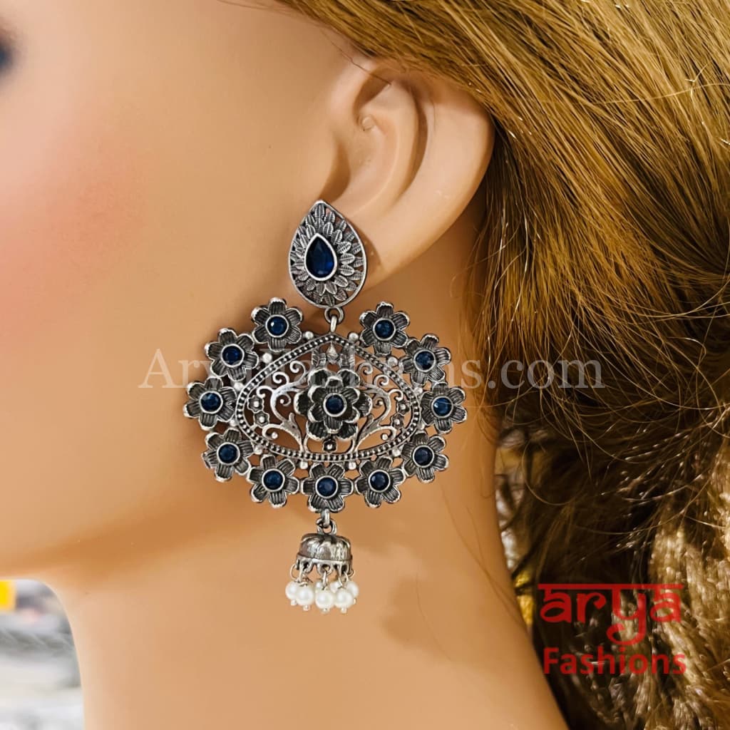 Zeba Handcarved Silver Oxidized Pearl Chandbali