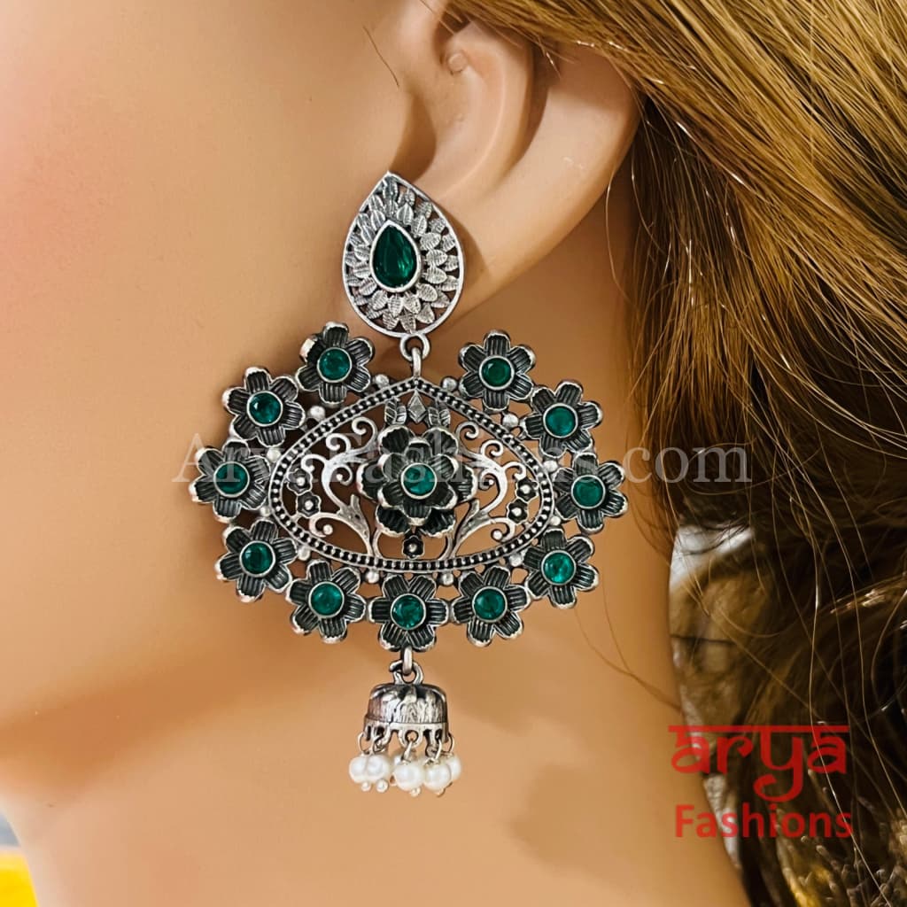 Zeba Handcarved Silver Oxidized Pearl Chandbali