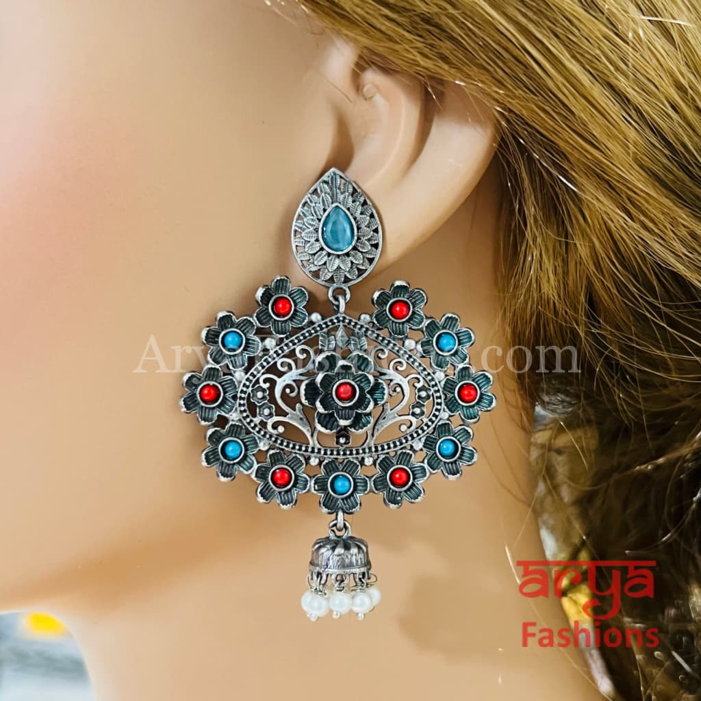 Zeba Handcarved Silver Oxidized Pearl Chandbali