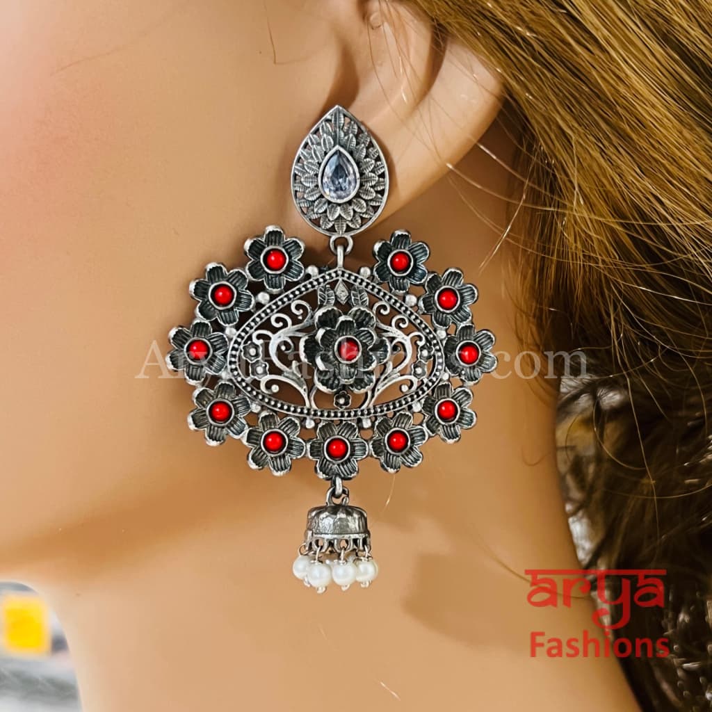 Zeba Handcarved Silver Oxidized Pearl Chandbali