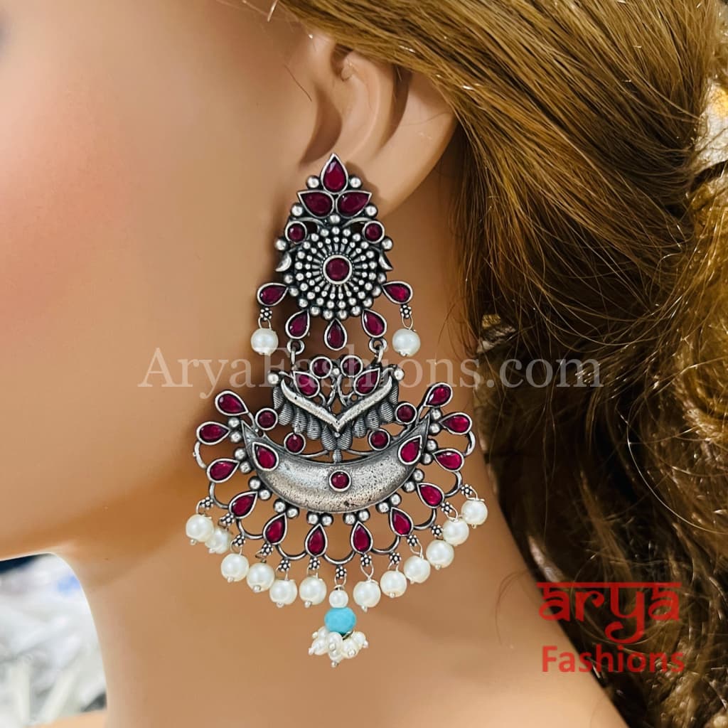 Zeba Handcarved Silver Oxidized Pearl Chandbali