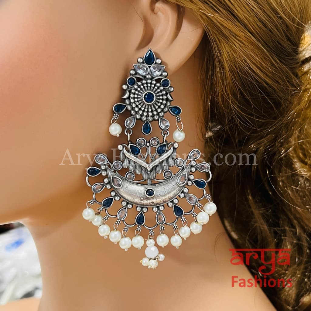 Zeba Handcarved Silver Oxidized Pearl Chandbali