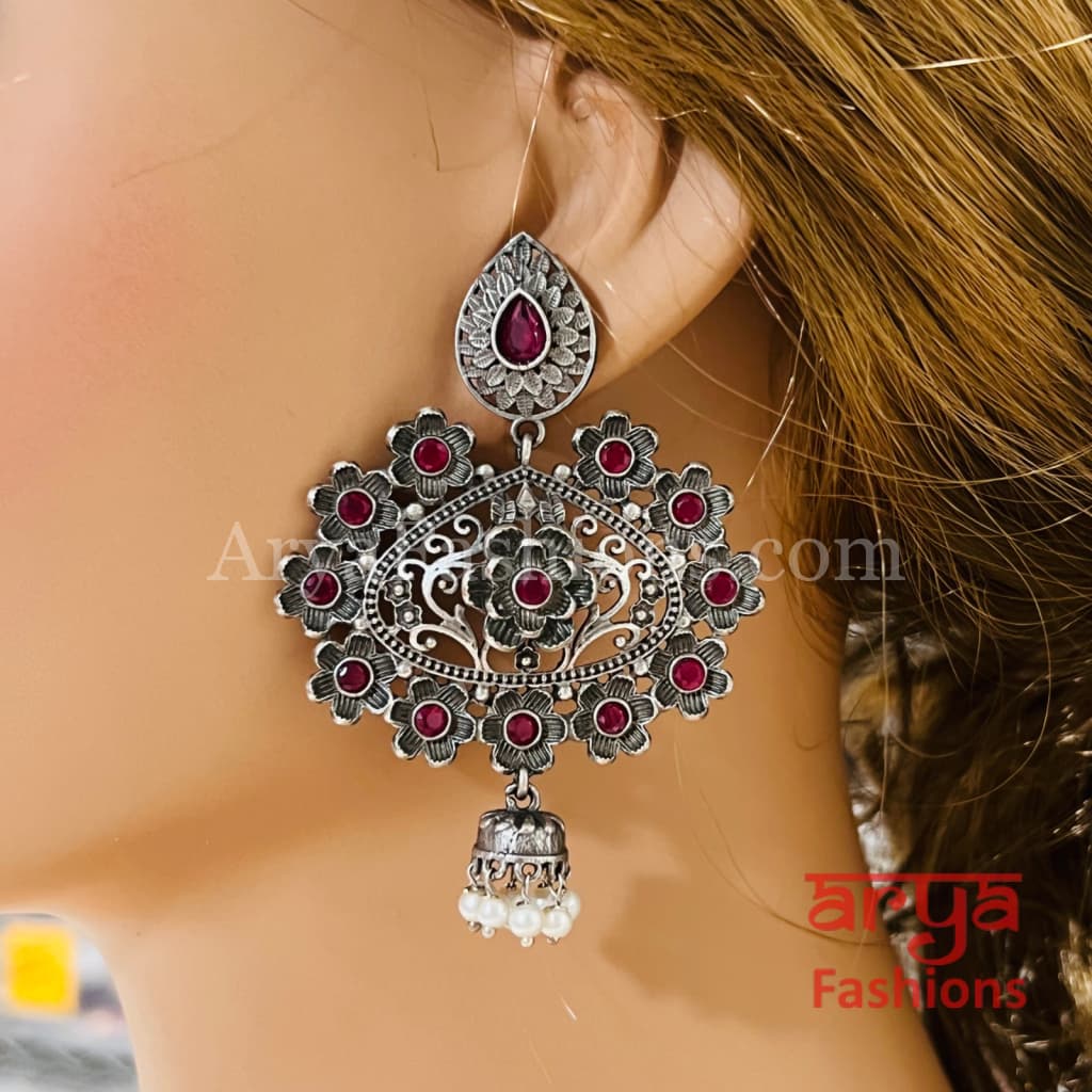 Zeba Handcarved Silver Oxidized Pearl Chandbali