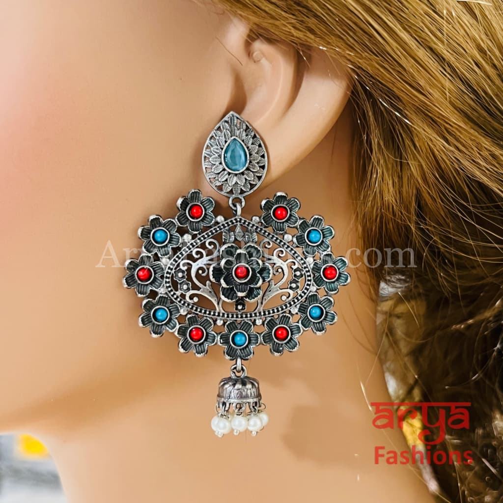 Zeba Handcarved Silver Oxidized Pearl Chandbali