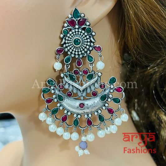 Zeba Handcarved Silver Oxidized Pearl Chandbali