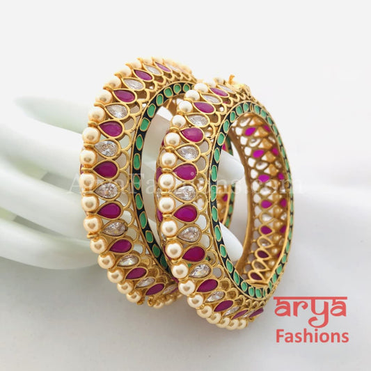 2.4,2.6,2.8 Bridal Kundan Gajra pair of 2 in Mint Green Meenakari and Ruby